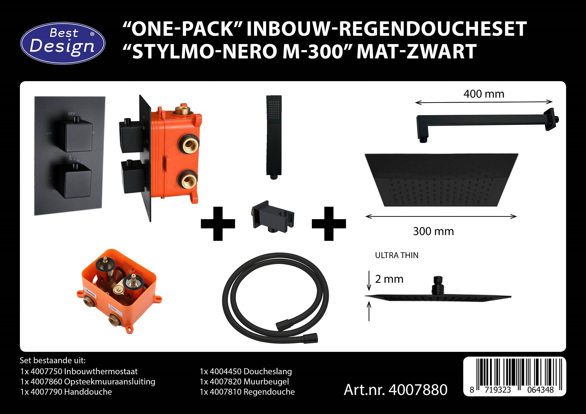Complete Inbouw-Regendoucheset Stylmo-Nero M-300 Mat-Zwart