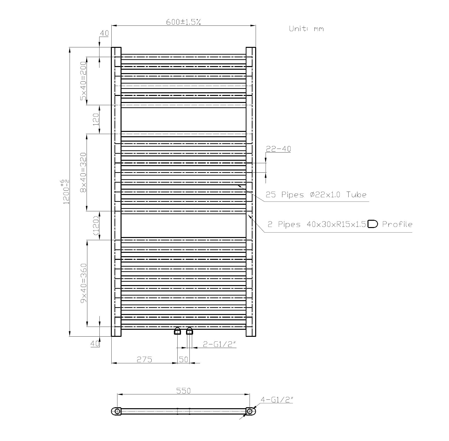 Zero-Black Radiator Zwart 729 W 1200x600mm