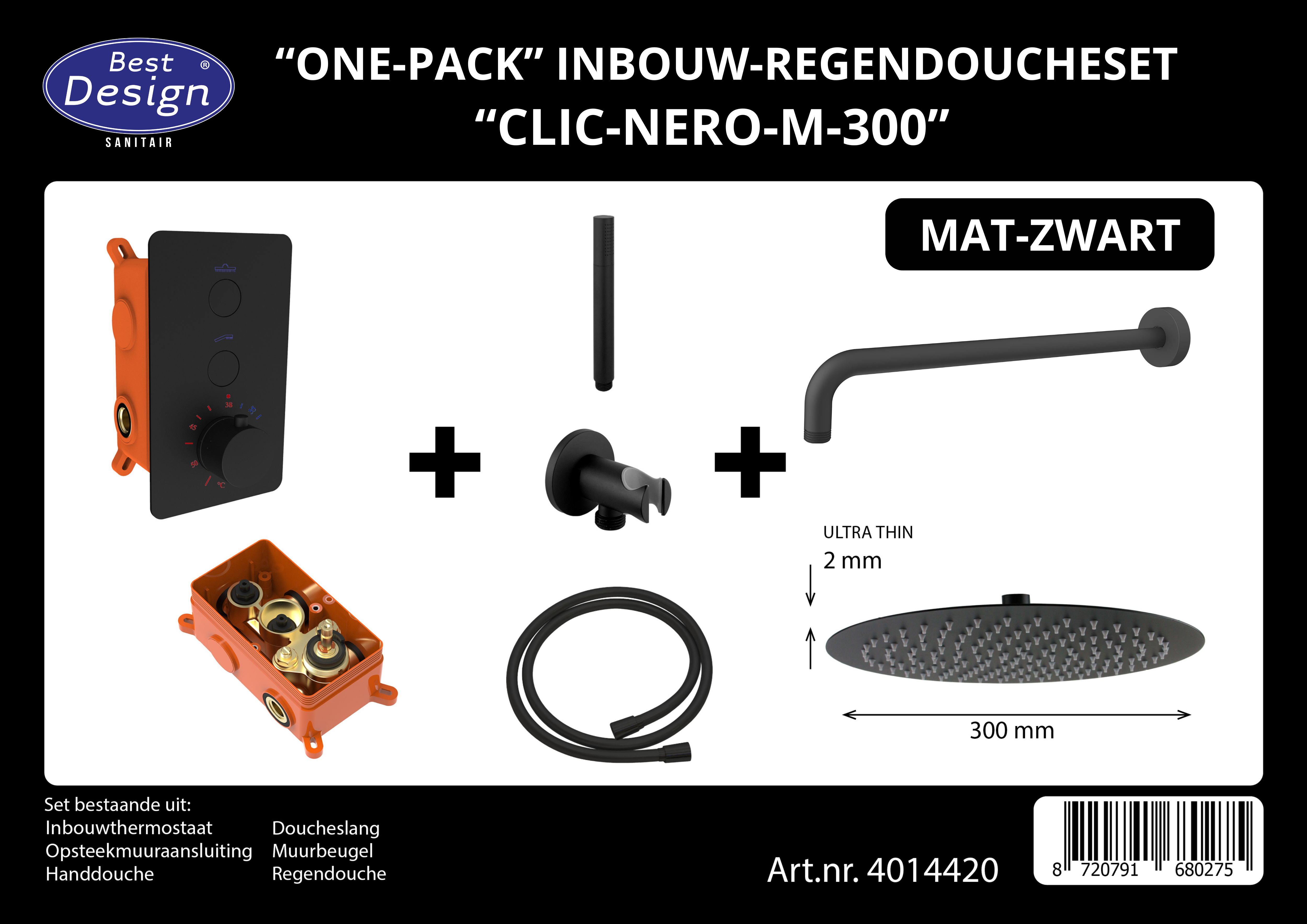 Complete Inbouw-Regendoucheset Clic-Nero-M-300 Mat-Zwart