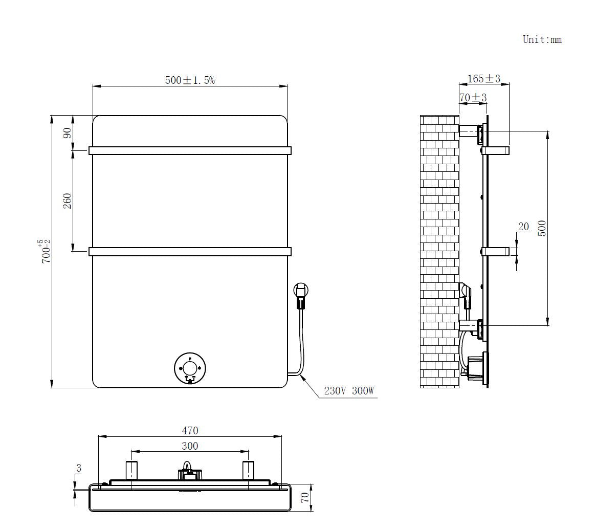 Brenner-White Elektrische Radiator Mat Wit 300W 700x500mm
