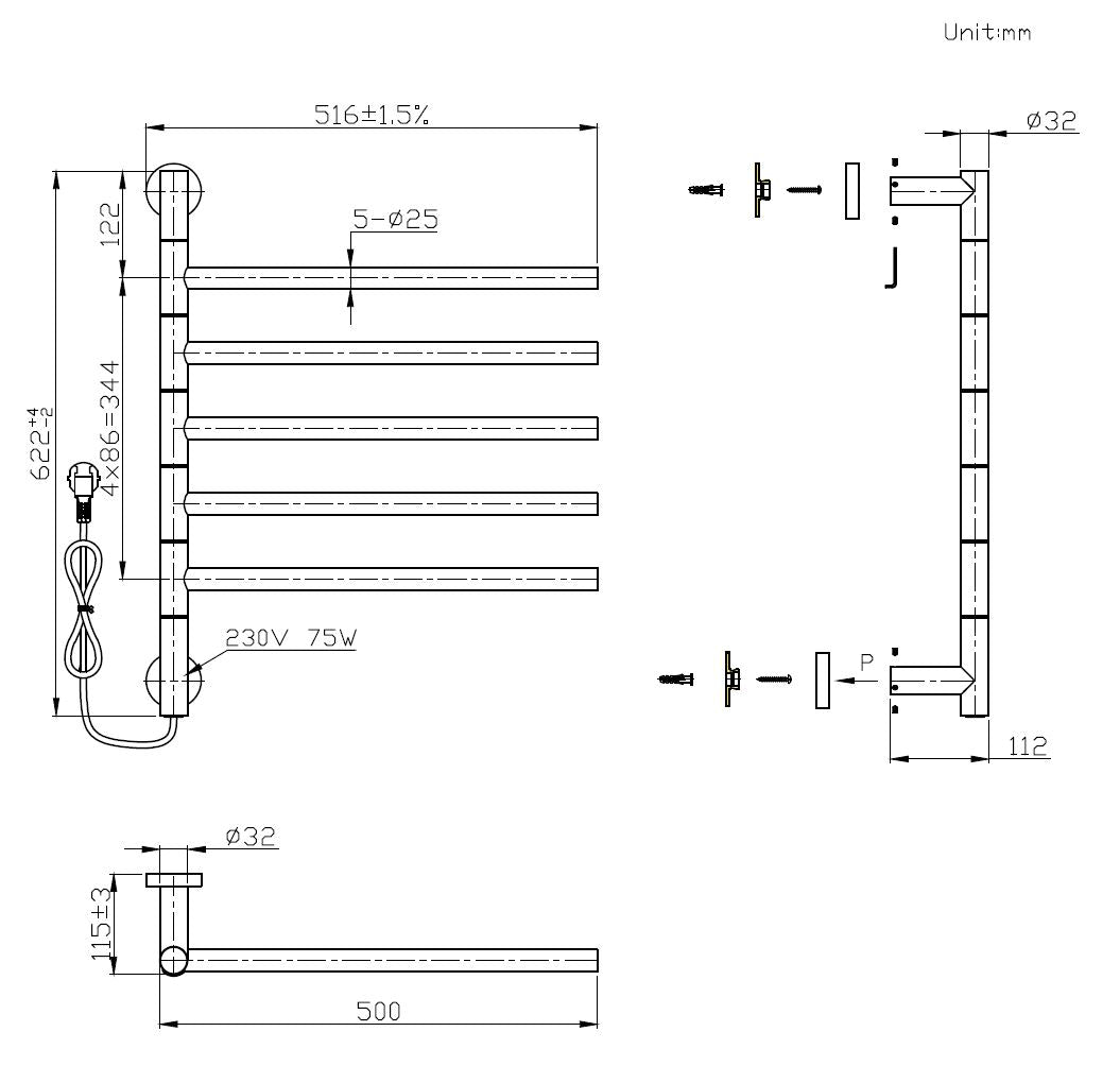 Hover-Glossy Elektrische Radiator 75W 622 x 516 mm Glans Wit