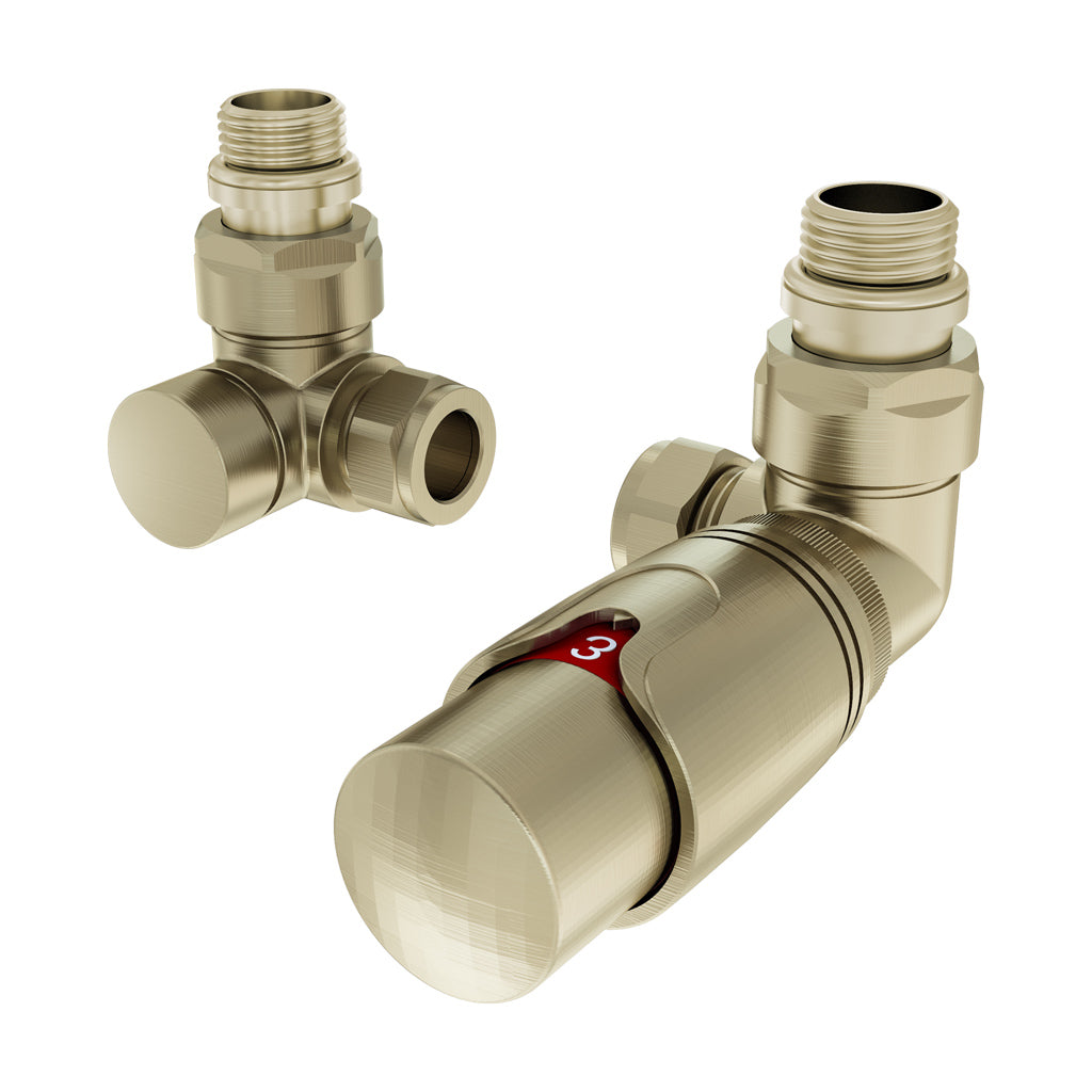 Eastbrook Valve Radiator Aansluitset Haaks Gedraaid Met Thermostaat 15mm Geborsteld Messing