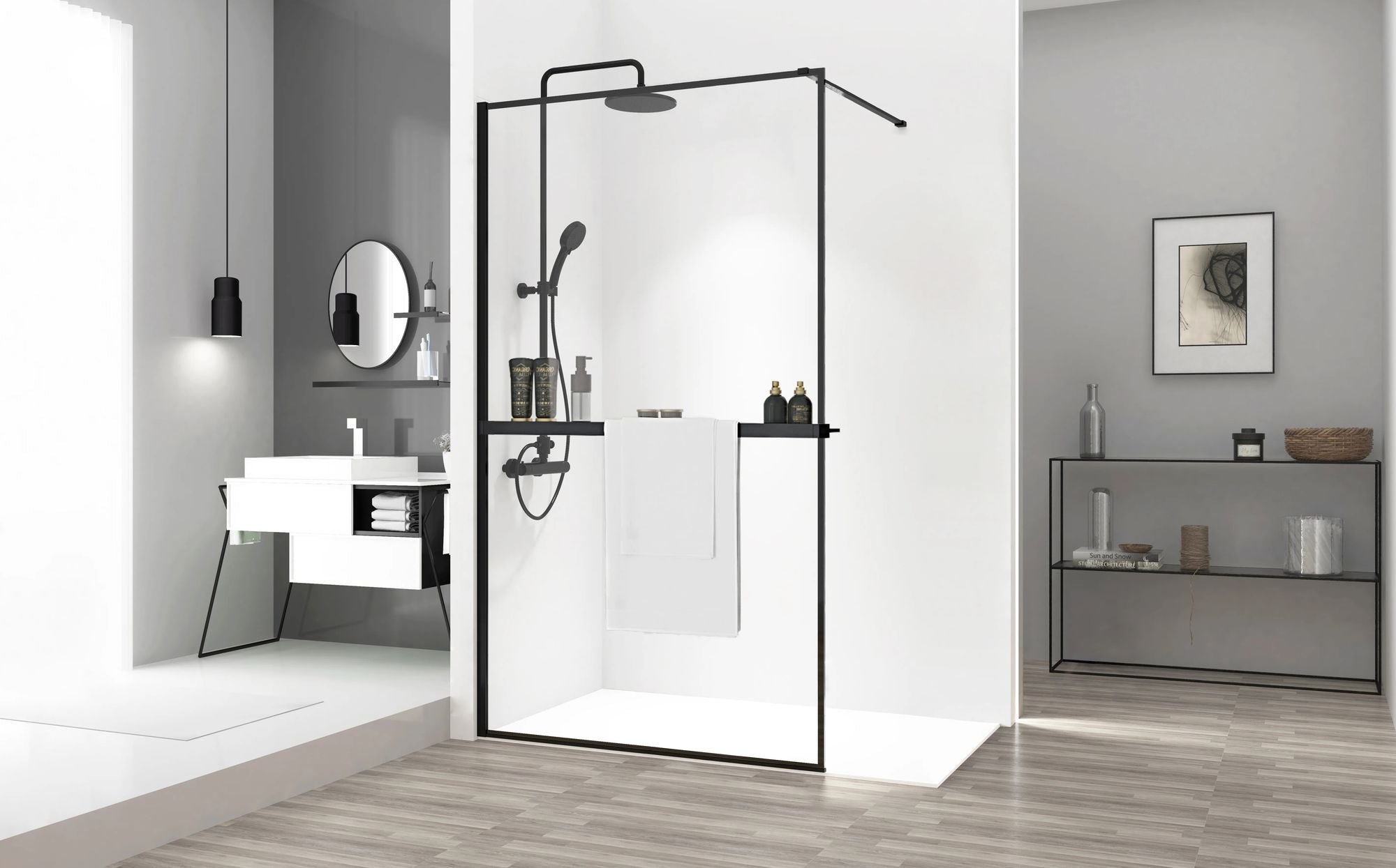 Detail van glas en zwart van Rea Handdoekenrek Evo douchecabine
