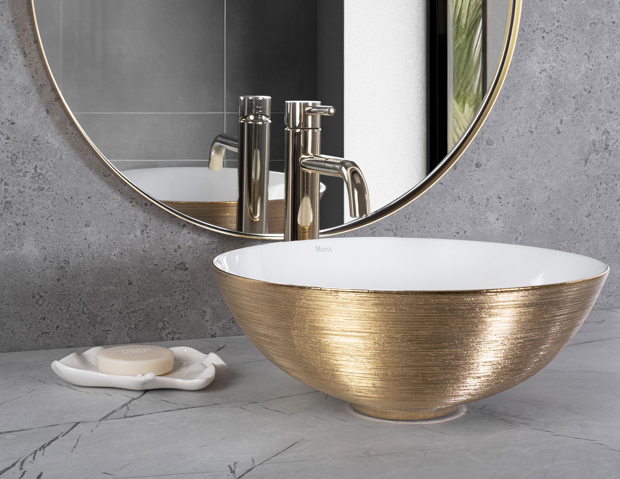 De REA STELLA Gold Brush / White aanrecht keramische wastafel