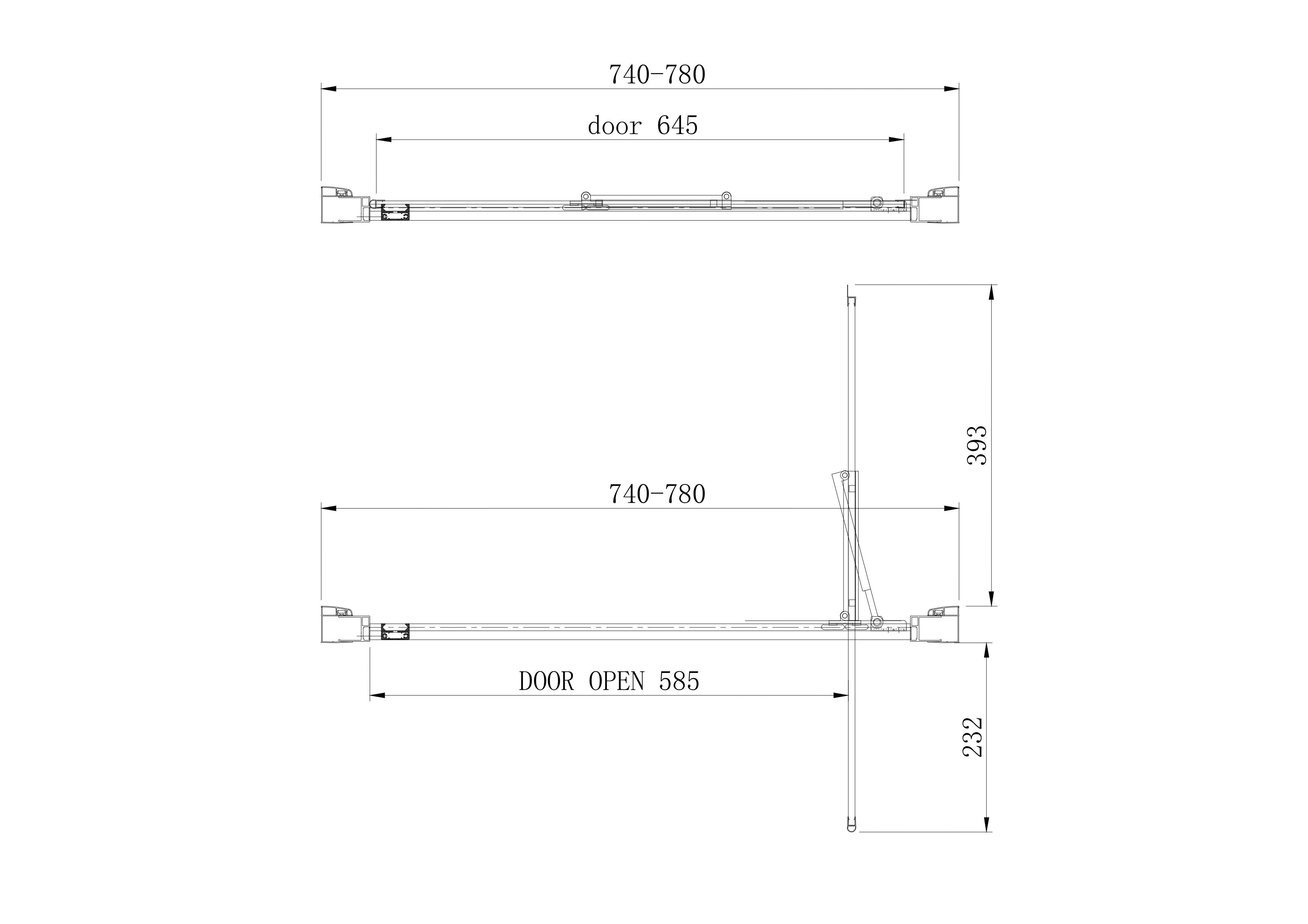 Maattekening Douchedeur Eastbrook Corniche 2000 met afmetingen in cm