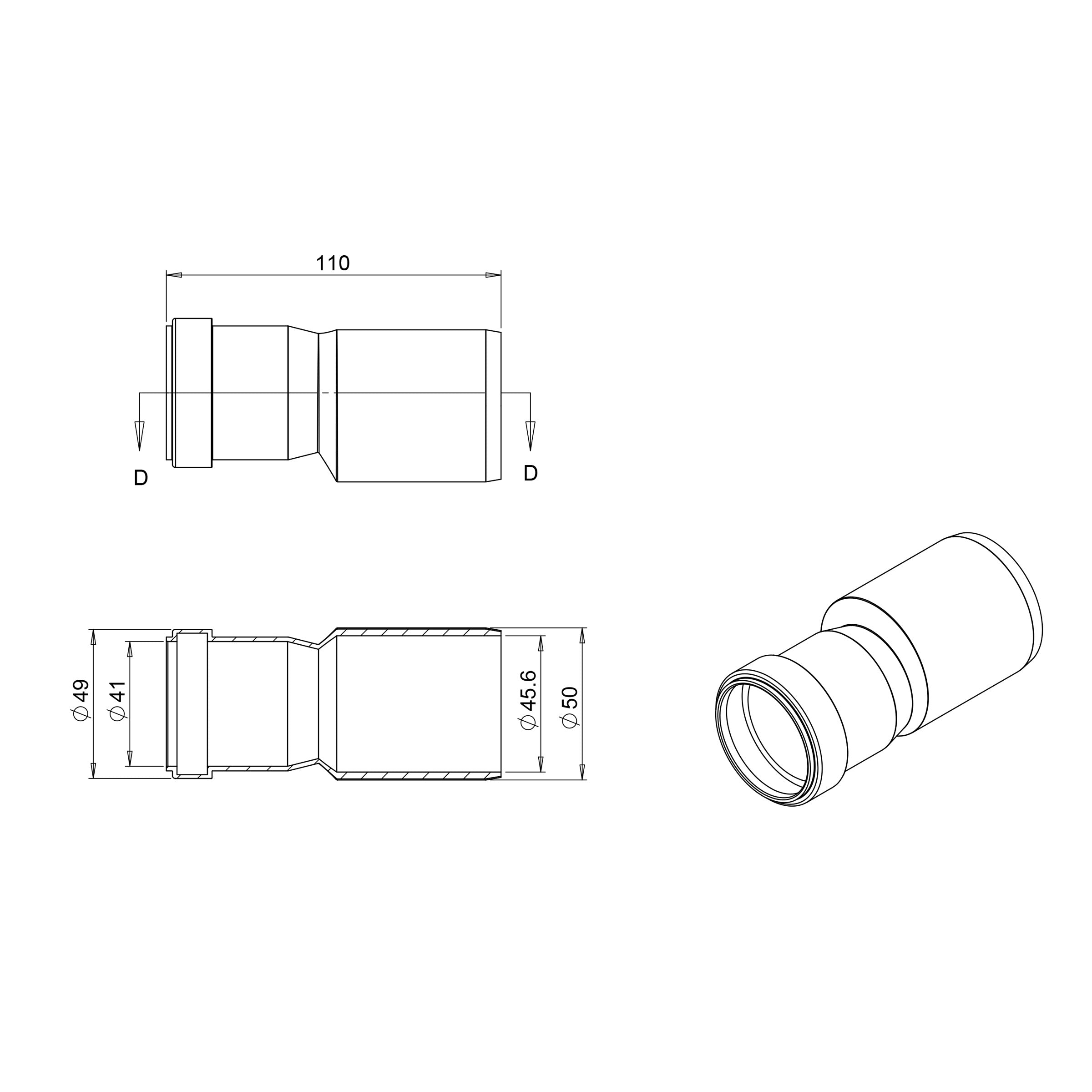 Maattekening Wiesbaden Verloopmof voor douchegoot 40 x 50 mm PVC