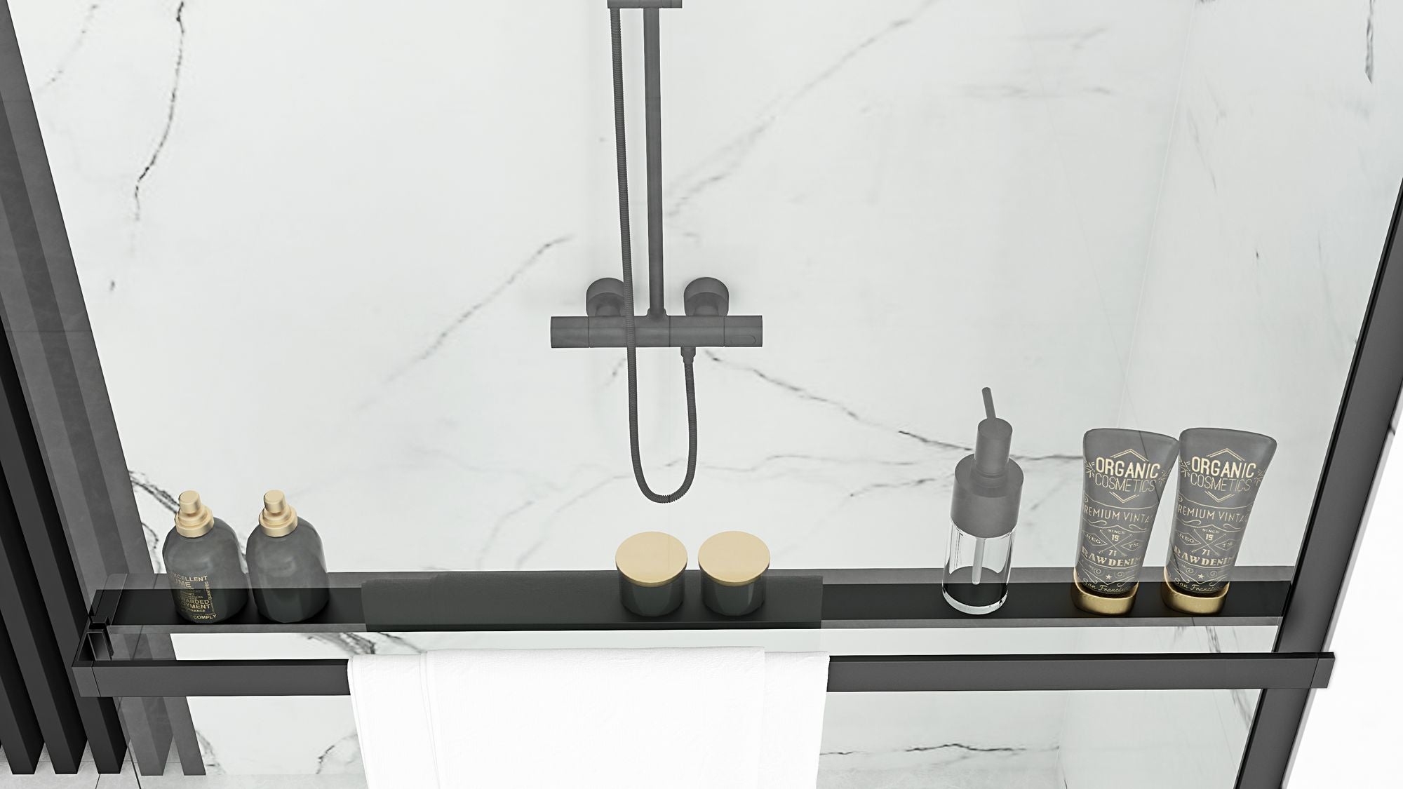 Detail van glas en zwart van Rea Handdoekenrek Evo douchecabine