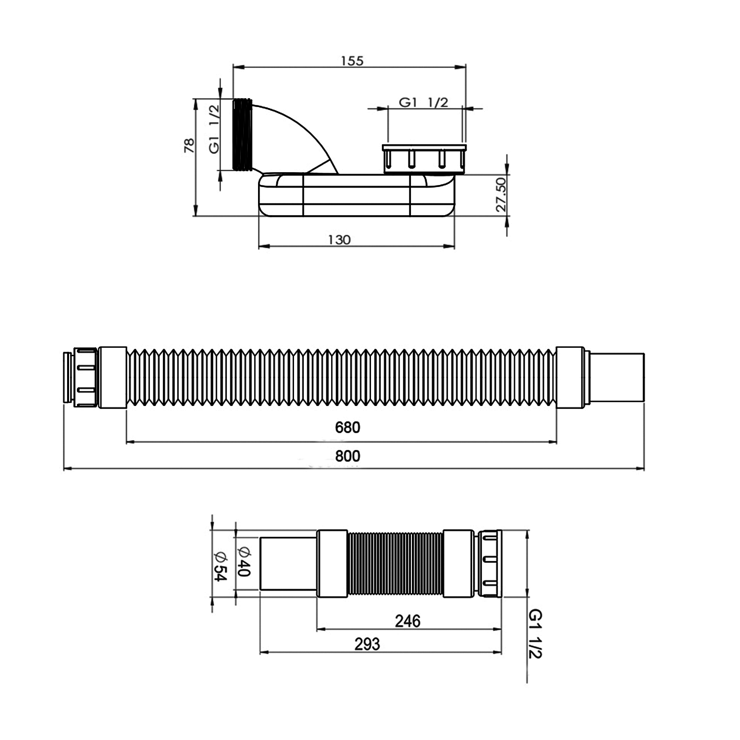 Polysan Badsifon Kunststof Met Flexibele Aansluitslang 6/4" DN40 - Maattekening