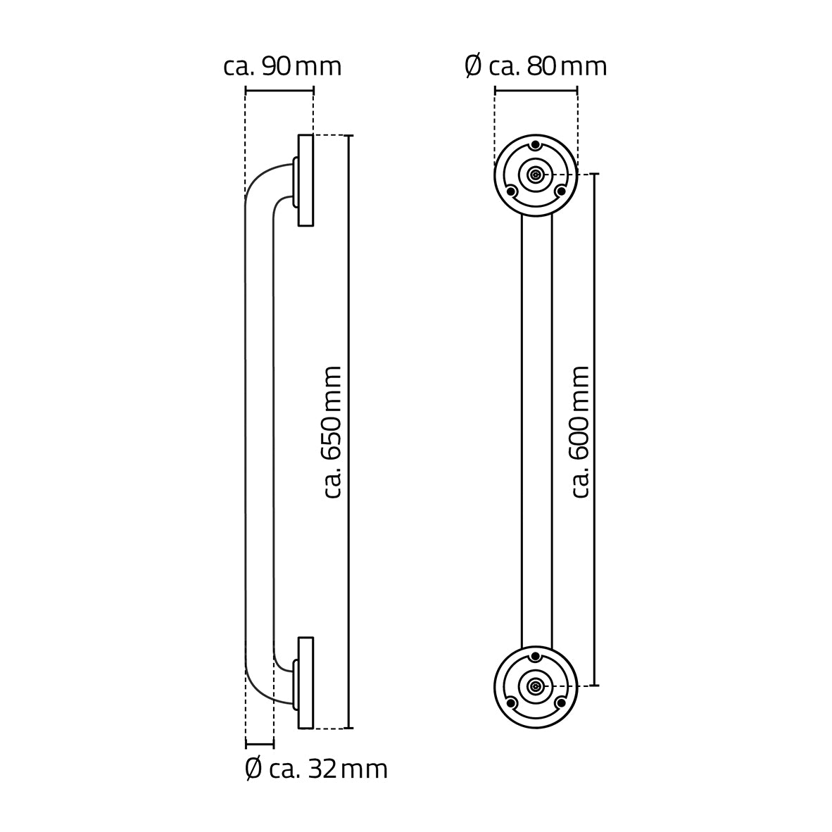 Maattekening Ridder Sam badgreep met antislip 60 cm chroom