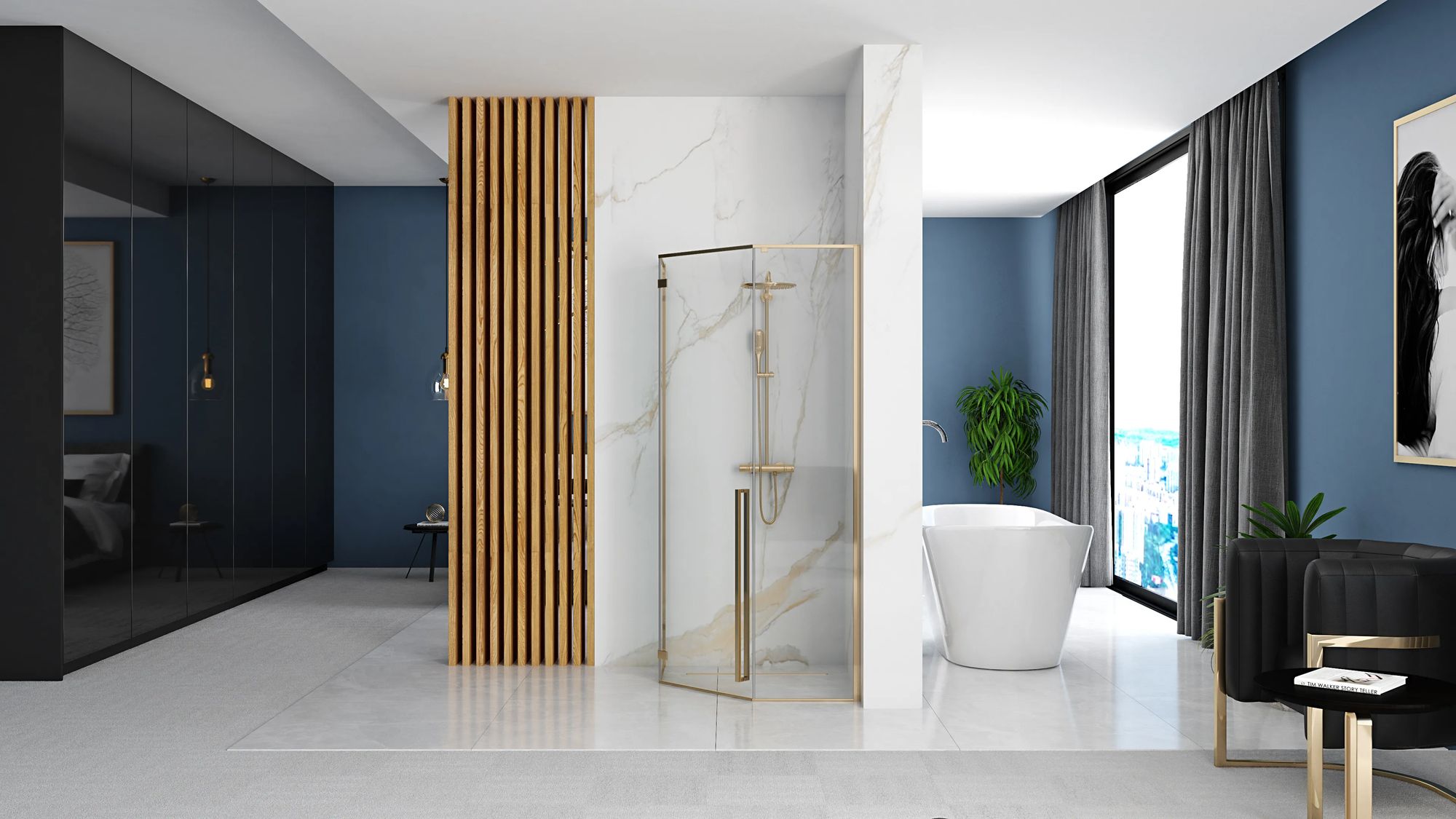 Detail van glas en glans goud van Rea Diamond douchecabine
