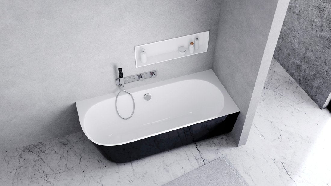 Sussi Vrijstaand Hoekbad 160x70x49,5cm Cast Marble Rechts Zwart/Wit