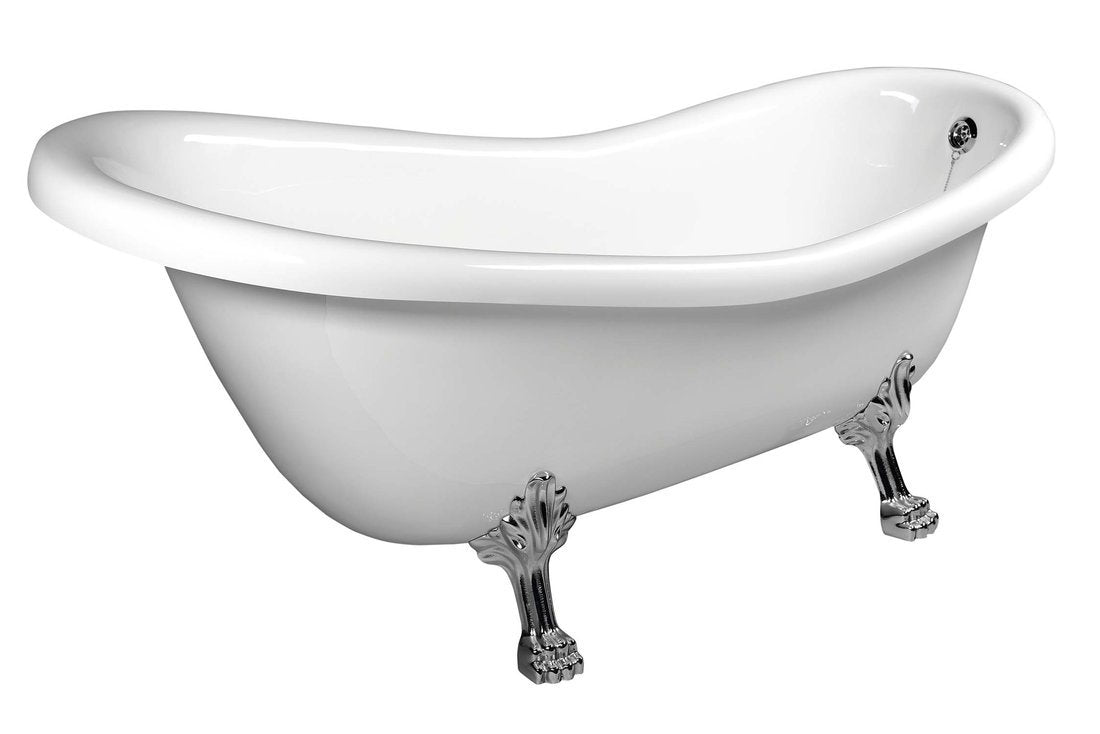 Retro vrijstaand bad op pootjes 147×69,5×67,5 cm met poten in mat chroom en badkleur wit