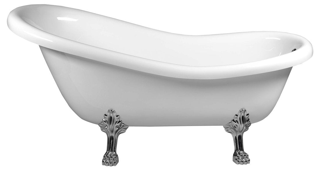 Retro vrijstaand bad op pootjes 147×69,5×67,5 cm met poten in mat chroom en badkleur wit