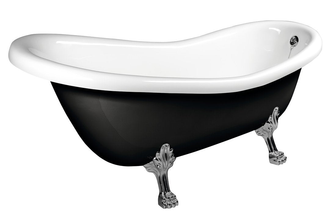 Retro vrijstaand bad op pootjes 147×69,5×67,5 cm met poten in mat chroom en badkleur zwart/wit