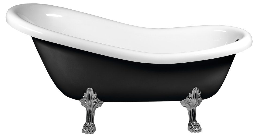 Retro vrijstaand bad op pootjes 147×69,5×67,5 cm met poten in mat chroom en badkleur zwart/wit