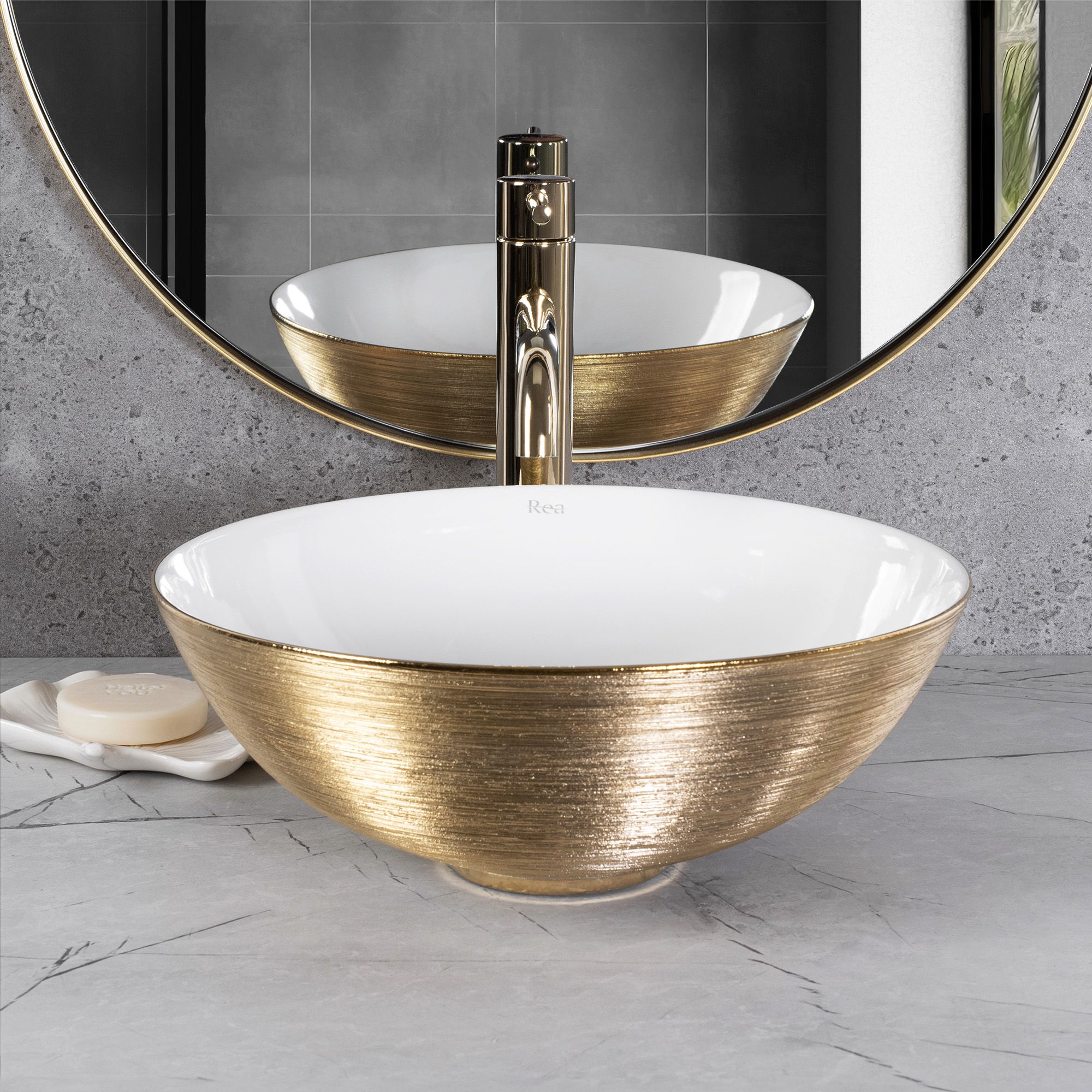 De REA STELLA Gold Brush / White aanrecht keramische wastafel