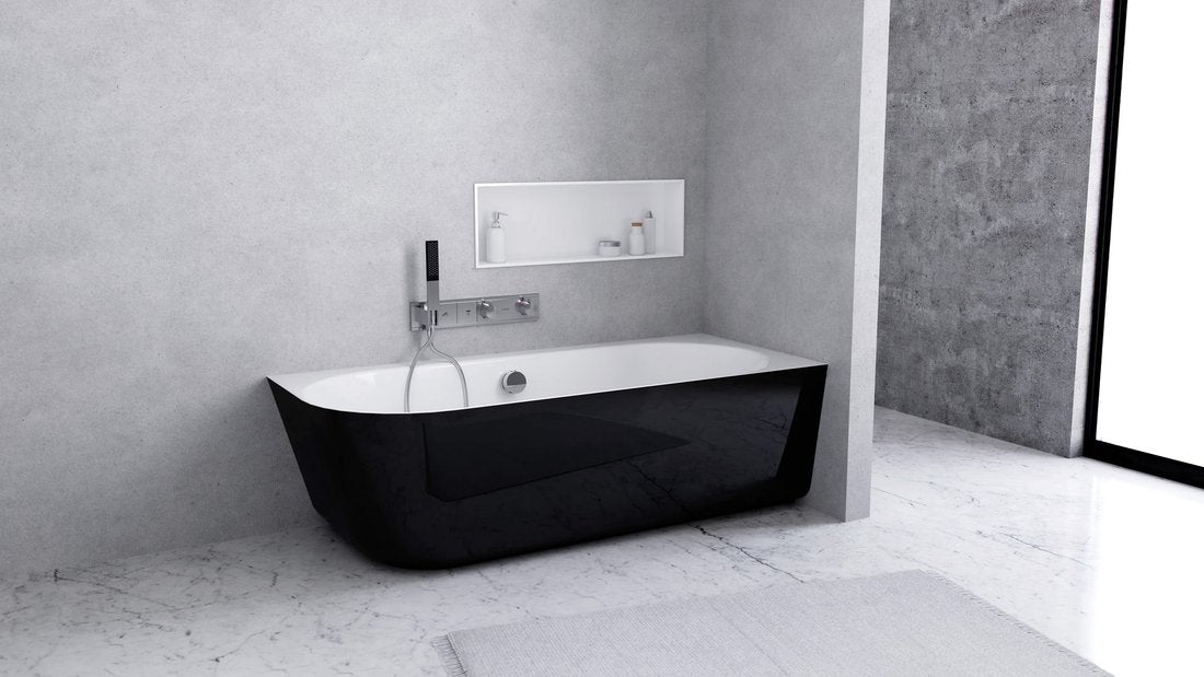 Sussi Vrijstaand Hoekbad 150x70x49,5cm Cast Marble Rechts Zwart/Wit