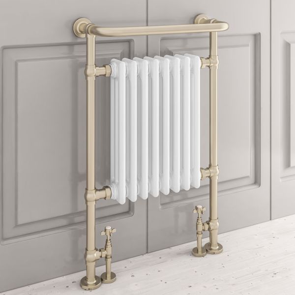 Isbourne Retro Handdoekradiator 94 x 60 cm Geborsteld Messing / Wit Hoogglans