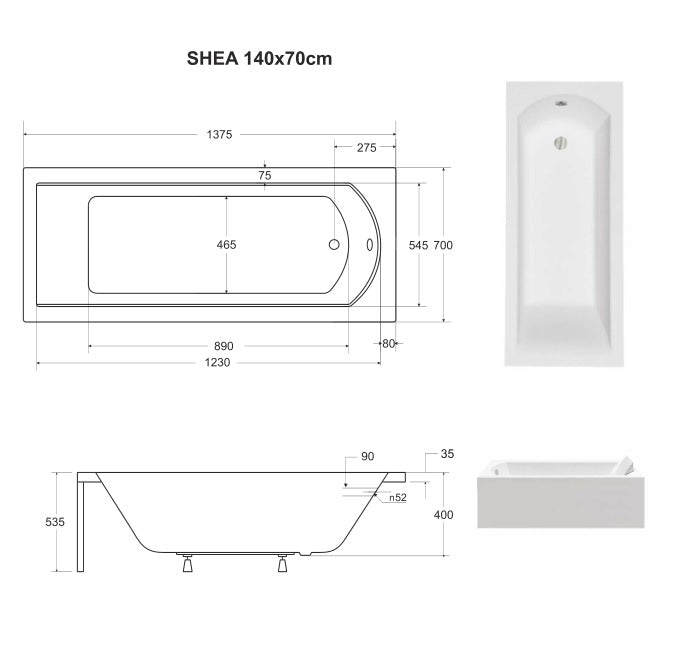 Maattekening Inbouwbad Shea Wit 140,150,160,170,180 x 70,8 cm met afmetingen in cm