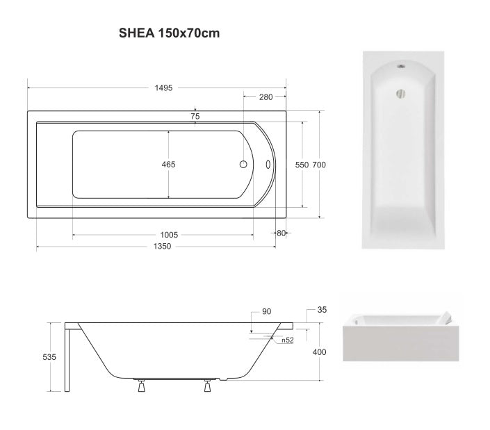 Maattekening Inbouwbad Shea Wit 140,150,160,170,180 x 70,8 cm met afmetingen in cm