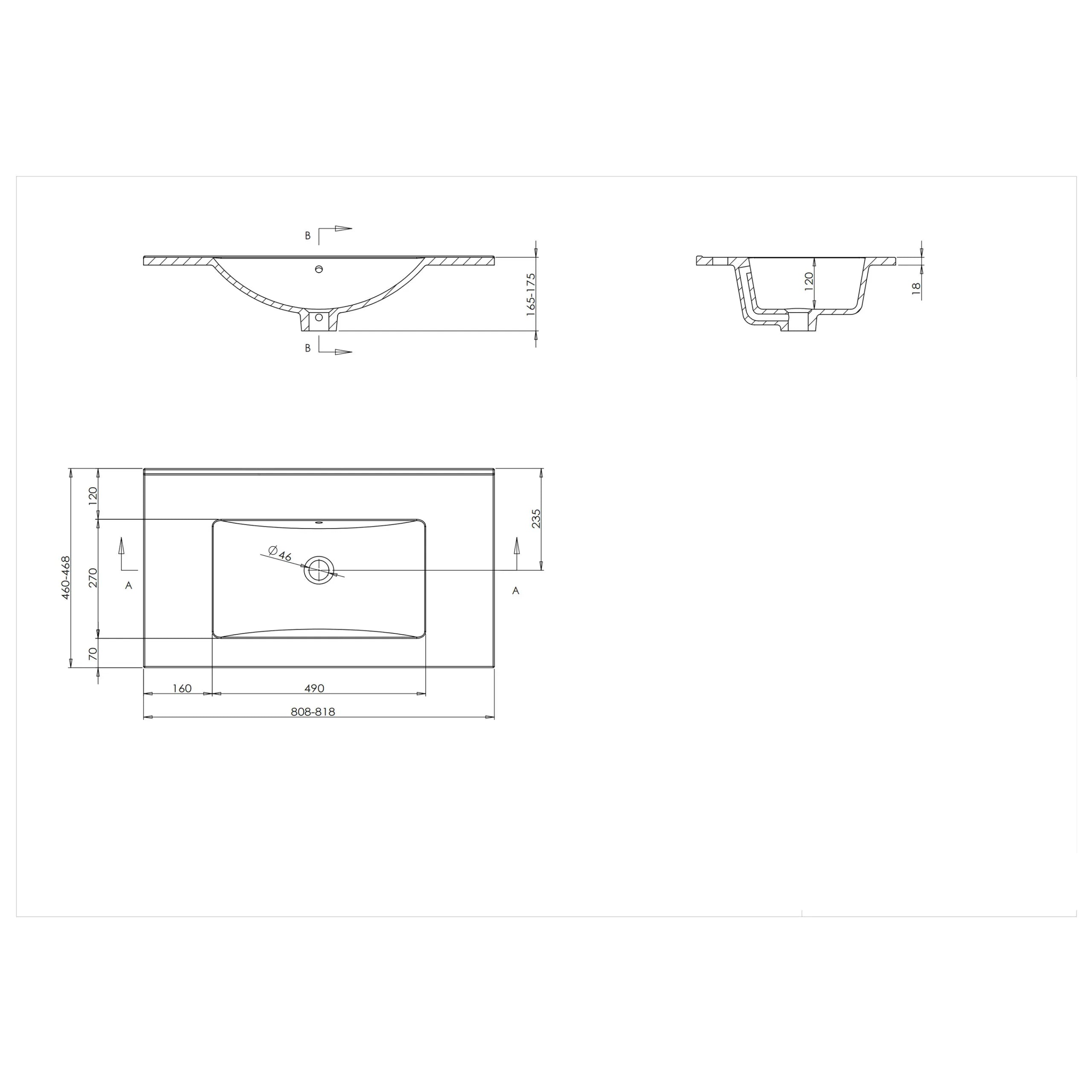 Wastafel Paris 80x46 cm met of zonder kraangat zwart/wit/mat wit
