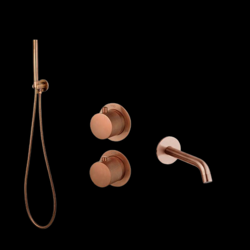 Luzi Badset inbouw met box thermostaat, muurbevestiging / doucheslang, staafhanddouche / afwerkringen / rond Brons met geribbeld knop