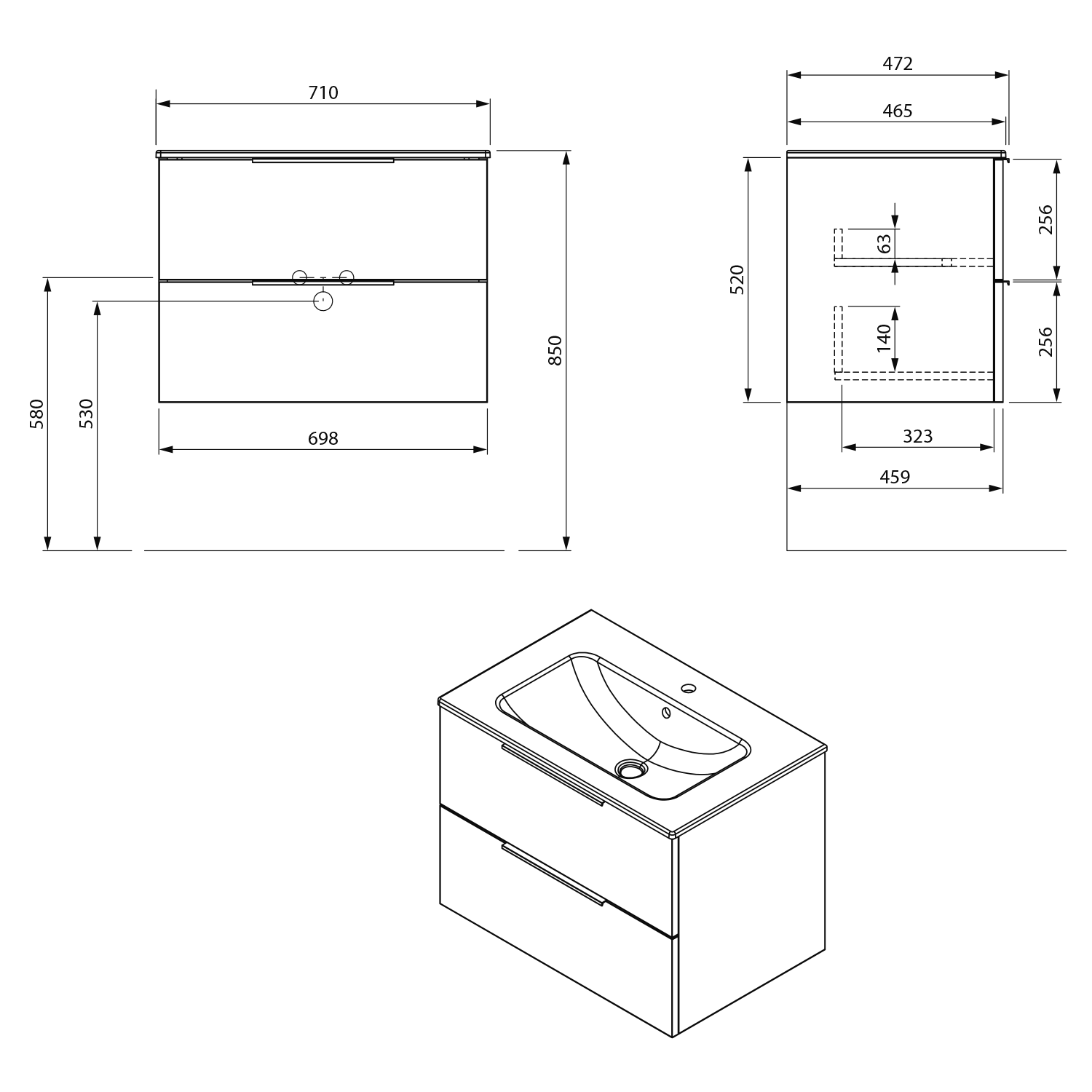 Badmeubel Cirasa 70x46x52 cm Hoogglans Wit
