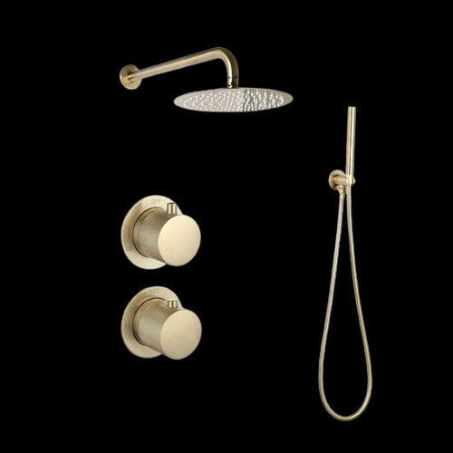 Luzi Doucheset Inbouw met Box Thermostaat, Muurbevestiging / Afwerkringen / Douchekop 25 cm Rond Goud Geborsteld met Geribbeld Knop