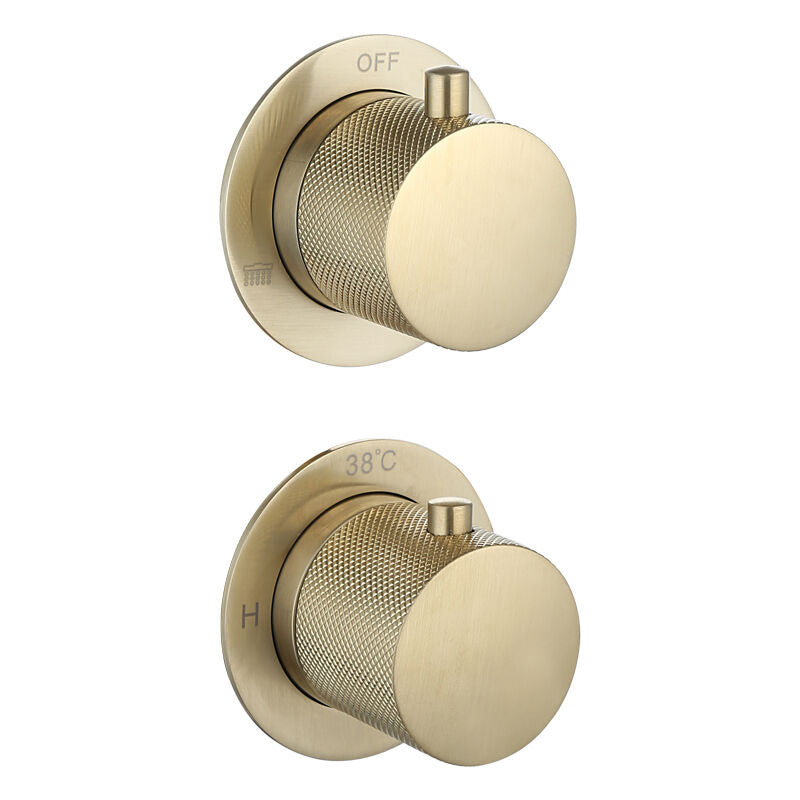 Luzi Doucheset Inbouw met Box Thermostaat, Muurbevestiging / Afwerkringen / Douchekop 30 cm Rond Goud Geborsteld met Geribbeld Knop