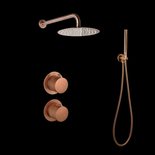 Luzi Doucheset Inbouw met Box Thermostaat, Muurbevestiging / Afwerkringen / Douchekop 25 cm Rond Brons met Geribbeld Knop