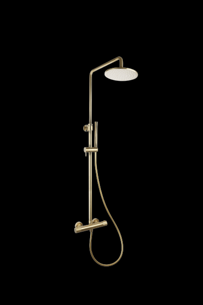 Luzi Doucheset Thermostatisch (in Hoogte Verstelbaar) Rond Goud Geborsteld met Geribbeld Knop Douchekop 30 cm