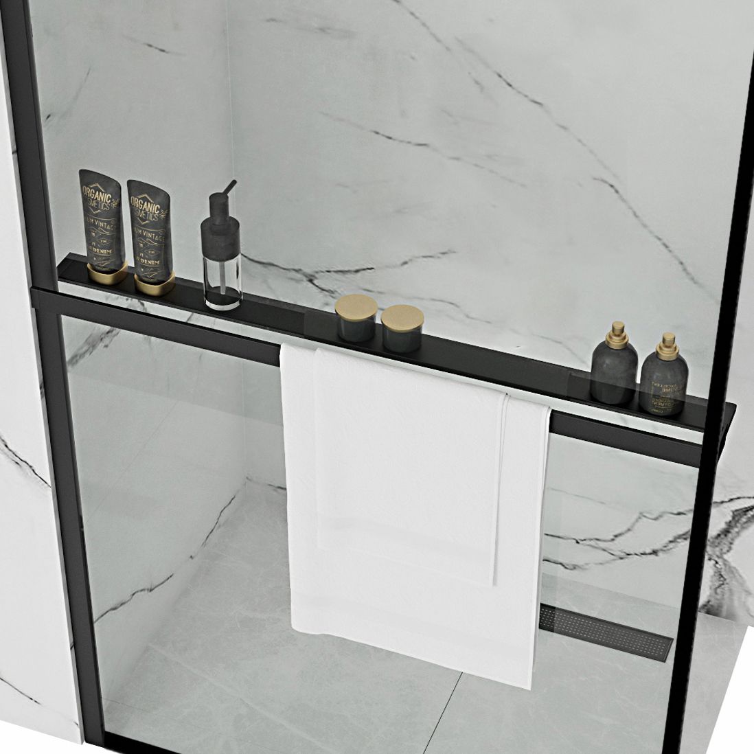 Detail van glas en zwart van Rea Handdoekenrek Evo douchecabine