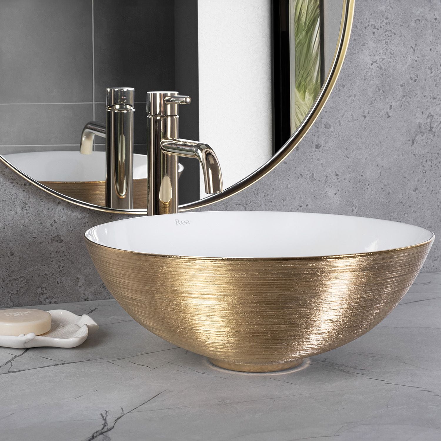 De REA STELLA Gold Brush / White aanrecht keramische wastafel