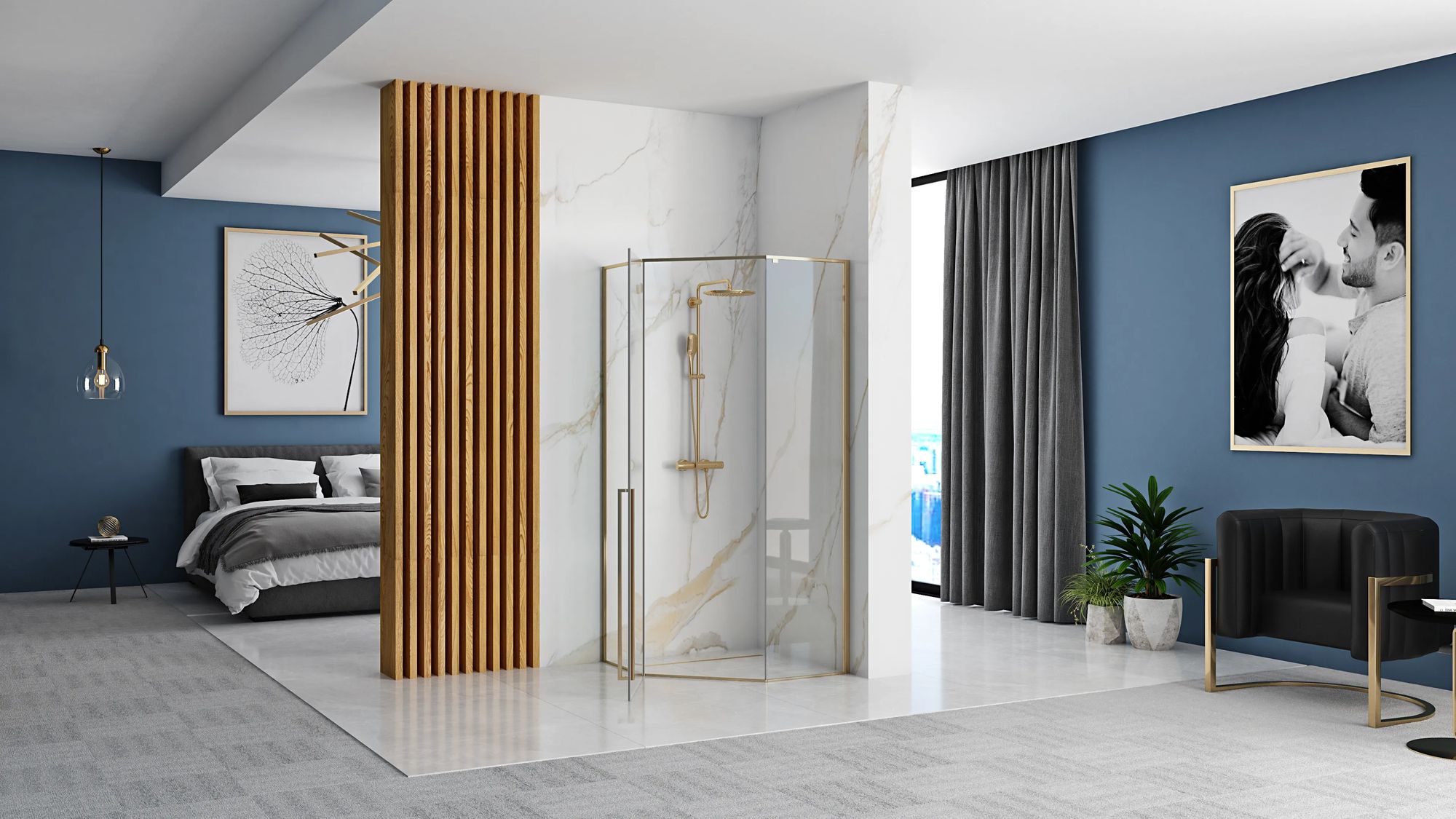 Detail van glas en glans goud van Rea Diamond douchecabine