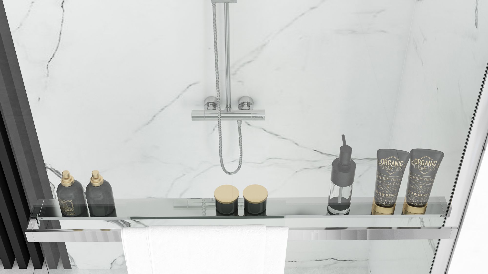 Detail van glas en chroom van Rea Handdoekenrek Evo douchecabine