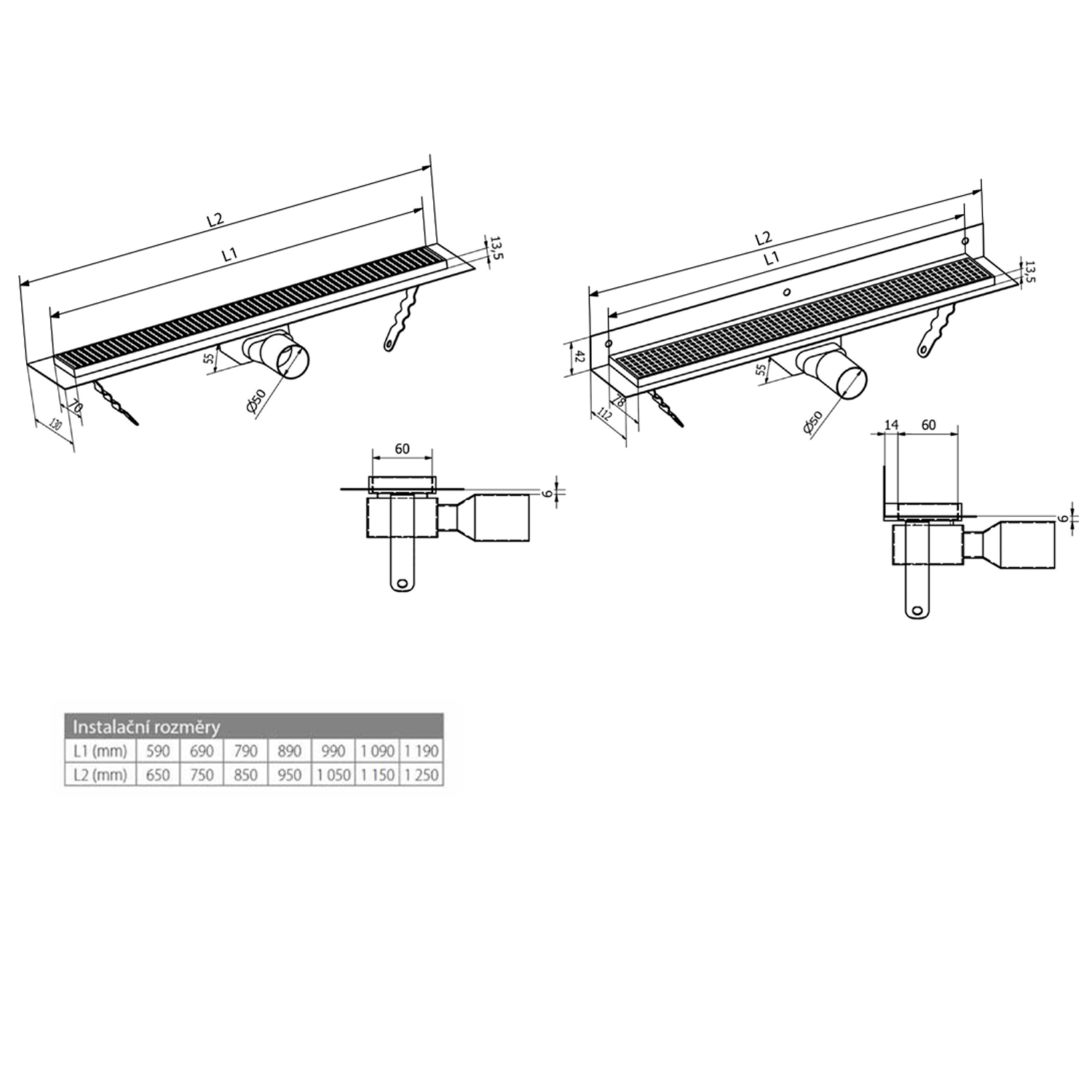 Manus onda rvs douchegoot met rooster, muurmontage, l-850, dn50