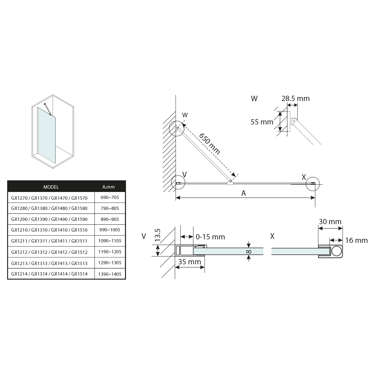 Douchewand Vario Wit Profiel Helder Glas 80x200 Cm - maattekening