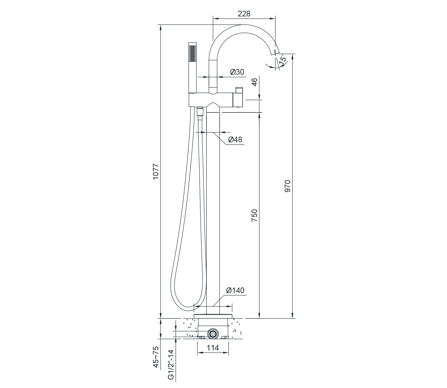 Floorstanding Vrijstaande Badmengkraan Mat Goud Messing - Maattekening