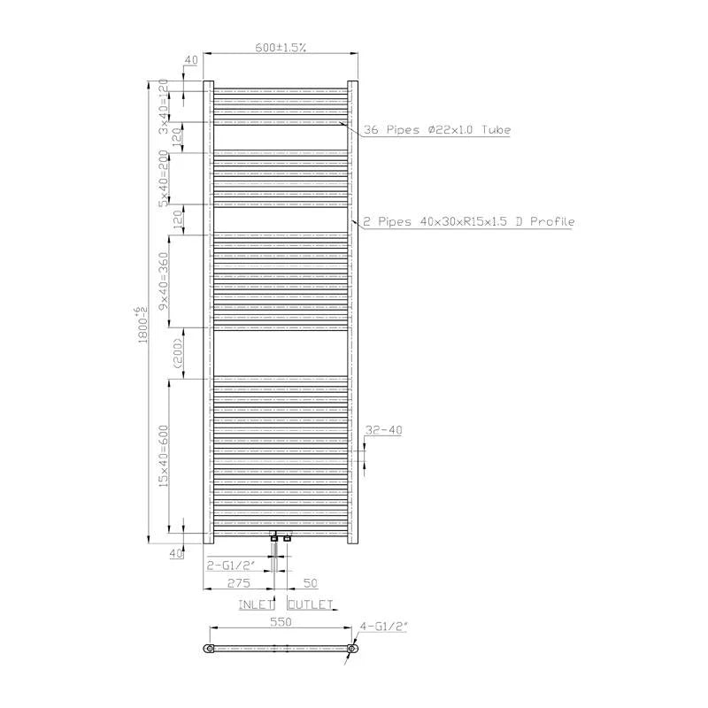 Radiator Luzi Lydia mat zwart 180x60 incl. bevestigingsset