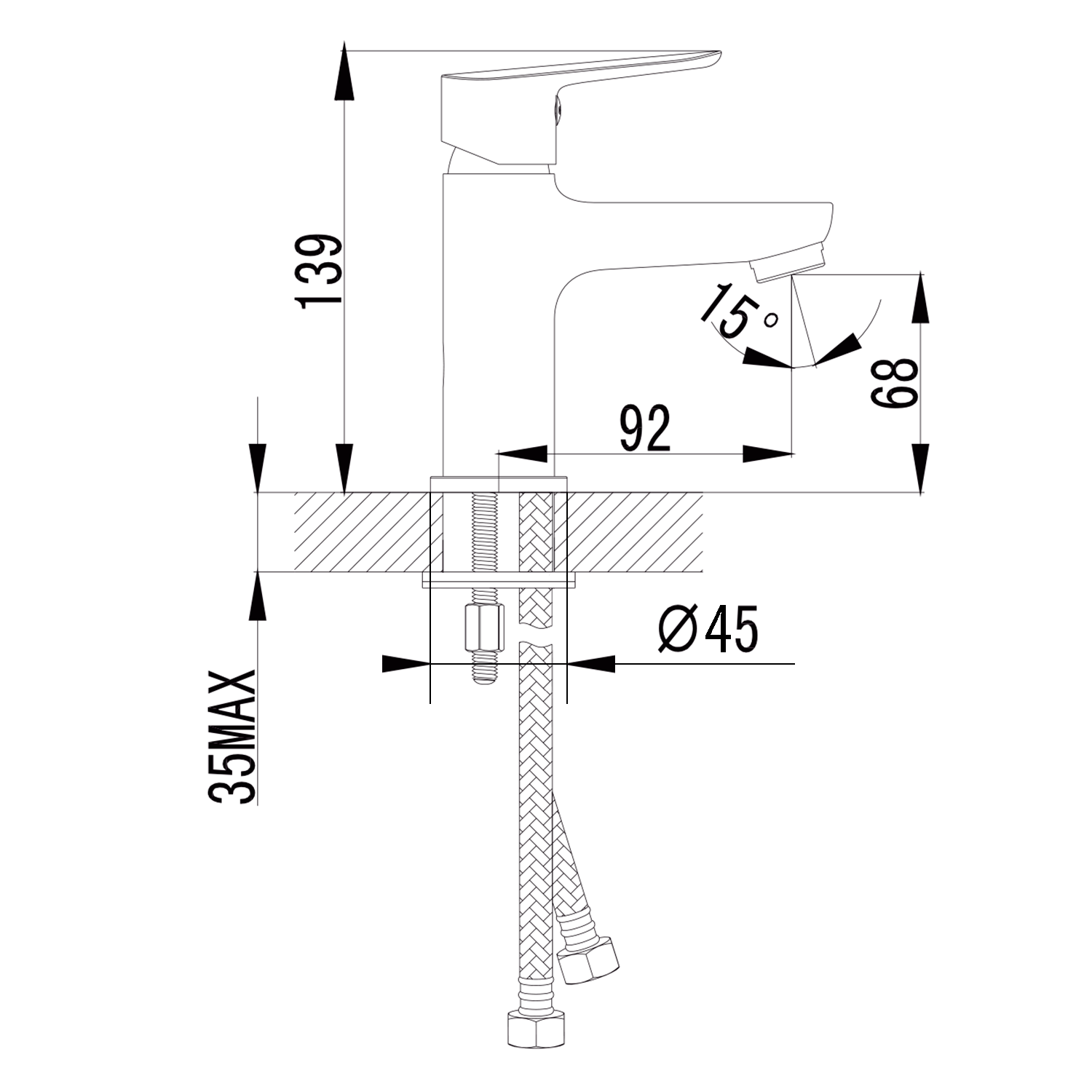 Sapho Small Fonteinkraan 139 mm Chroom technische tekening