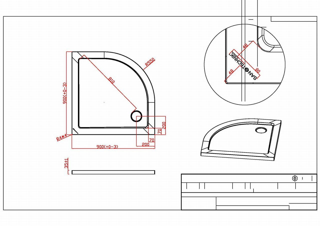 Sanotechnik Douchebak 90 x 90 x 3,5kwartrond SMC Round