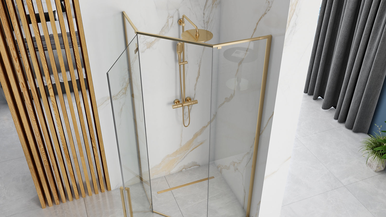 Detail van glas en glans goud van Rea Vijfhoek Diamond douchecabine