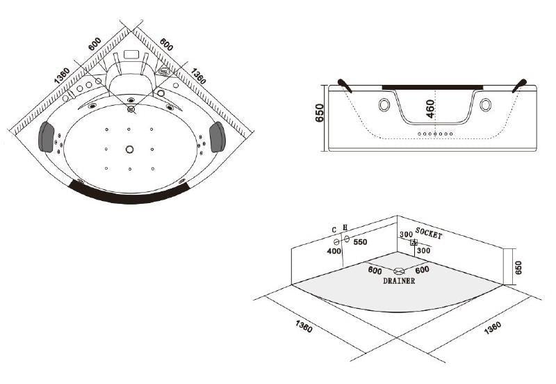 Bovenaanzicht van de badruimte van Whirlpoolbad Saniplast Whirpool Hydrosan Orino Wit 135 x 135 cm