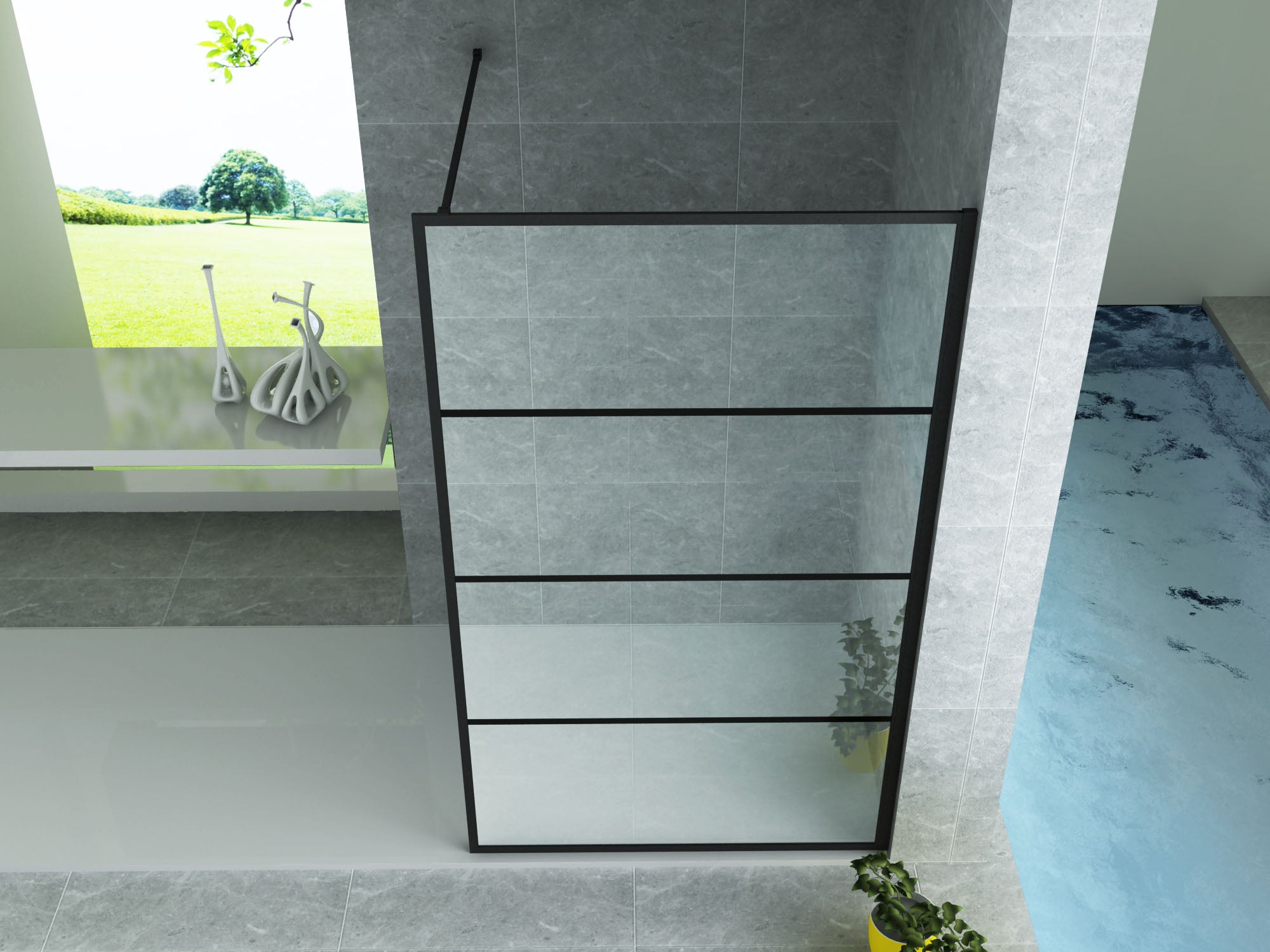 Douchewand mat zwarte lijnen 8mm veiligheidsglas antikalk