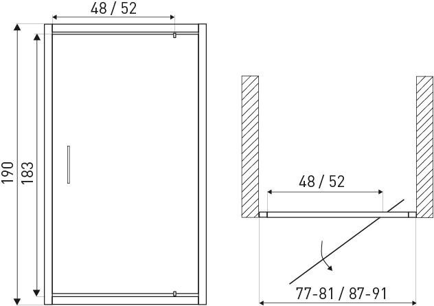 Douchedeur 90x190 zwart profiel grijs glas met decor Tomar