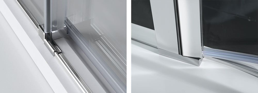 Detail van glas en zwart van Polysan Hoek Instap douchecabine