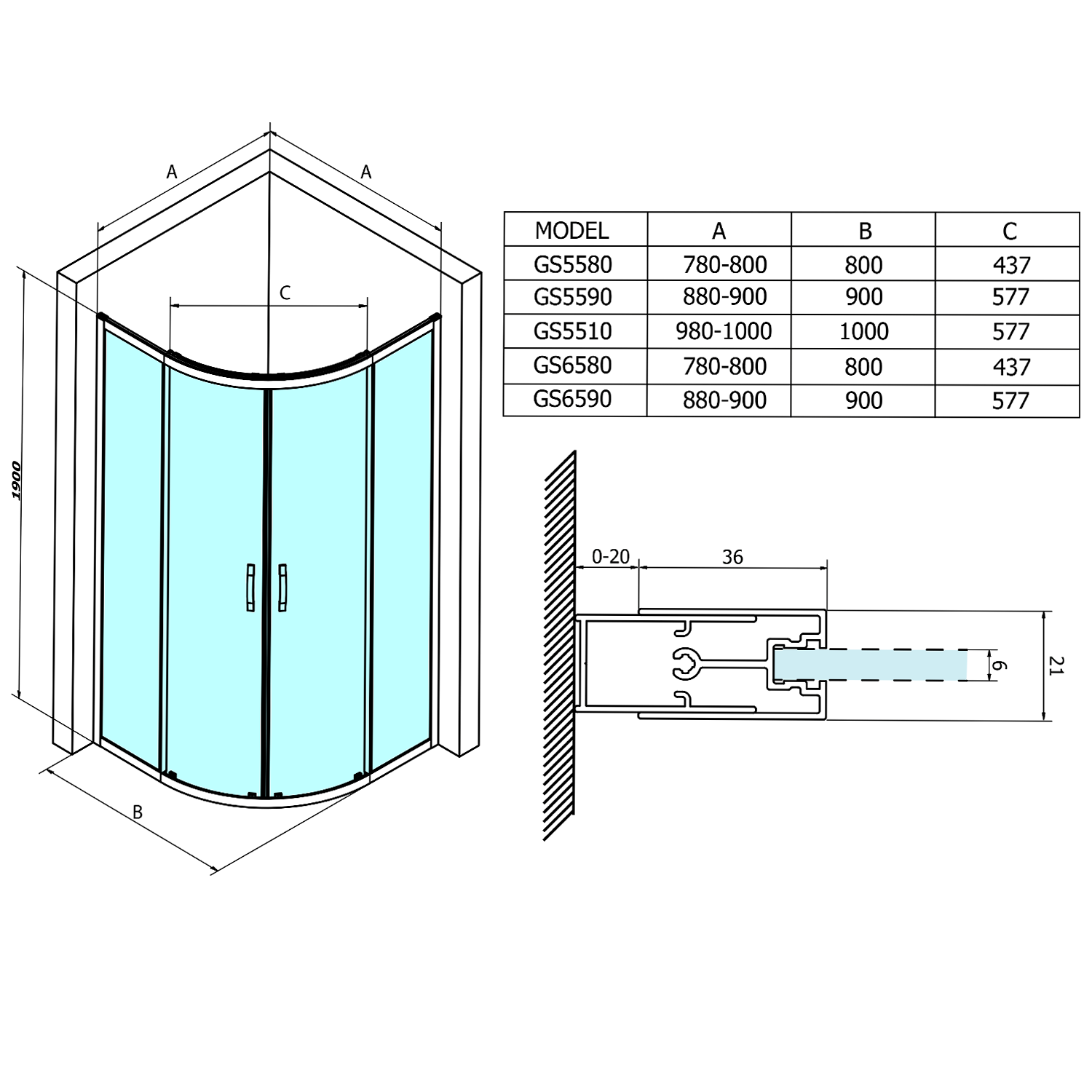 Detail van glas en chroom van Sigma Simply Quadrant R550 douchecabine