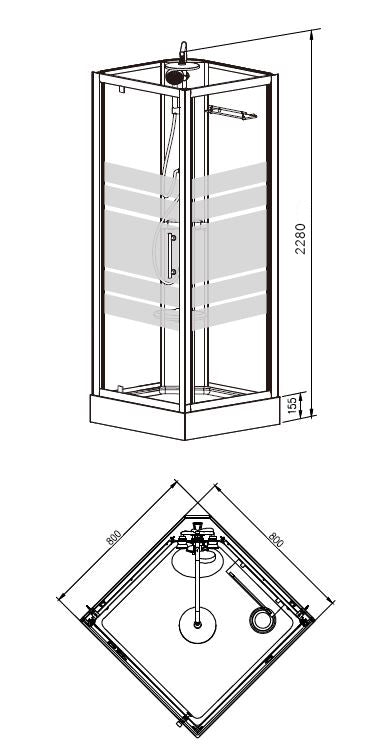 Maattekening Thermo complete douchecabine 80x80x218 alu 5mm glas