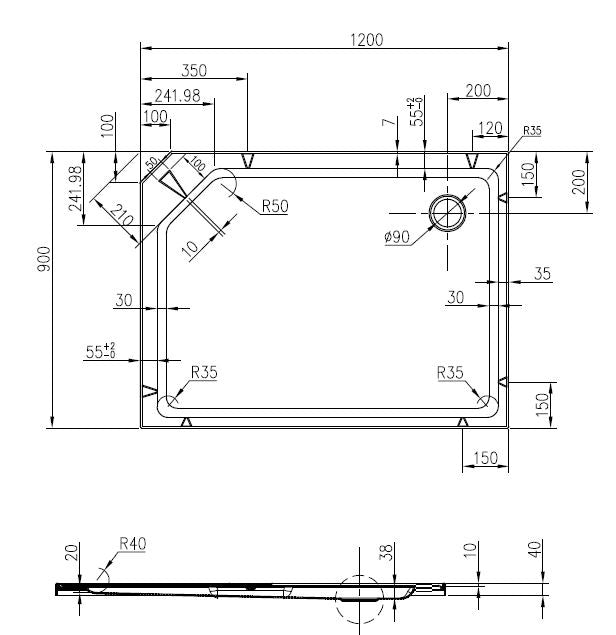 Maattekening Thermo rechts complete douchecabine 120x90x218 alu 5mm glas