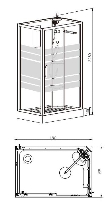 Maattekening Thermo rechts complete douchecabine 120x90x218 alu 5mm glas